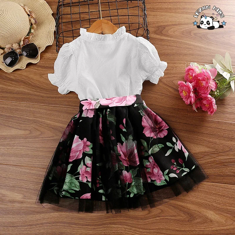 LEZONKIDS - Kids Clothing Girls Cotton Polyester Ruffle Collar Sleeve Shirt Tulle Flower Print Skirt Girls Set Dresses for Kids Girls Custom